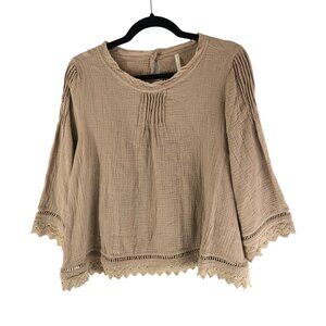 Rylee + Cru Womens Kalo Blouse Top Crinkled Crochet Trim Sand Brown S